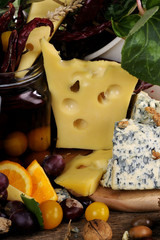 tasty cheese, fruits and vegetables composition
