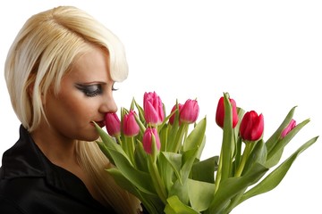 beautiful young woman with tulips (cutout)