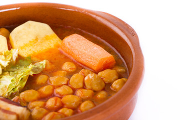 Madrid stew on earthenware pot, spanish food