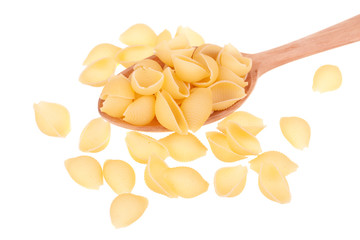 Italian pasta in a wood spoon isolated on white background
