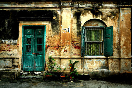 Old door and window on the old wall