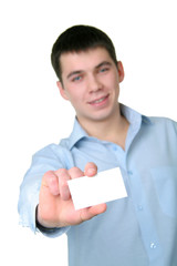 Business man holding blank board