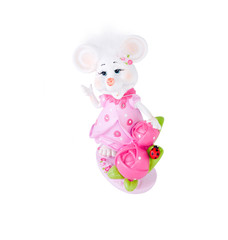 Decorative amusing mouse in pink dress sits on a flower