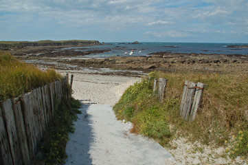 Fototapeta na wymiar Chemin de sable sur plage bretonne.