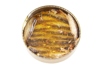 Opened fish can isolated on white