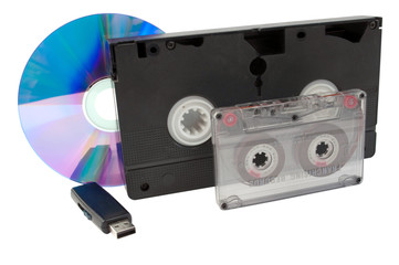 USB, a disk, a videocassette and  audiocassette
