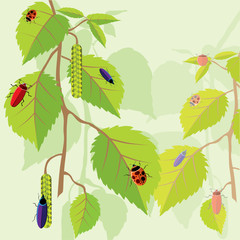 Leaf and bugs. Seamless illustration.