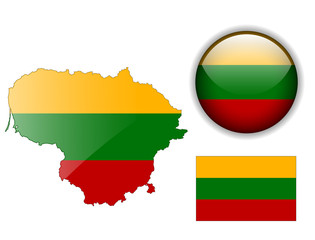 Lithuania flag, map and glossy button.