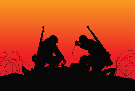 Vector silhouette of a soldier with medics