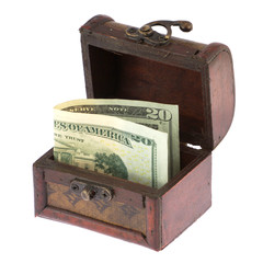 Twenty dollars banknote in old casket