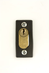 A closeup on a locker in a white door