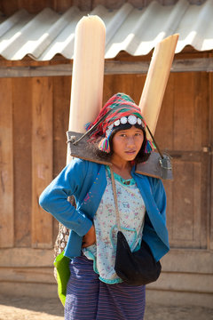 ethnische Gruppe Silo in Laos transportiert Bambus