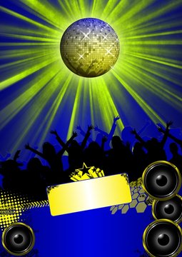 Party Flyer mit Disco Kugel blau-gelb