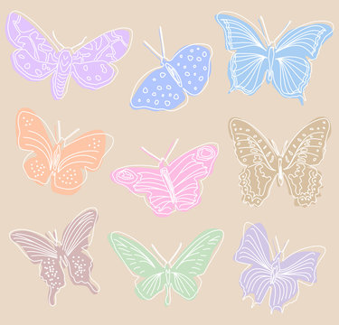 Illustration of collection of colored butterflies