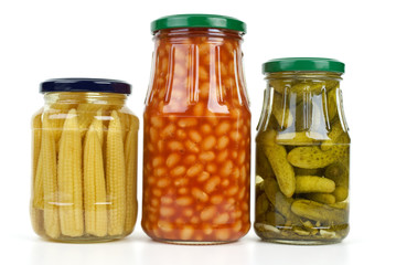 Glass jars with marinated vegetables