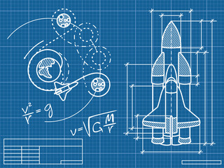 Naklejka premium blueprint of the spaceship and its flight path