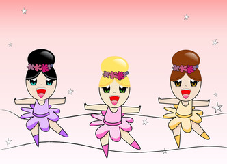 Three cute ballerinas on pink background