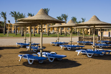 Beach on a sunny day. Hurghada city in Egypt.
