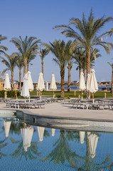 Beach on a sunny day. Hurghada city in Egypt.