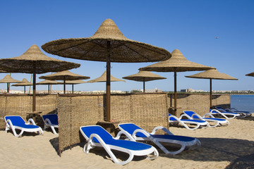 Beach on a sunny day. Hurghada city in Egypt.