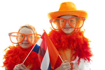 two girls in orange outfit over white background