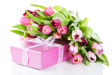 Pink tulips and gift box