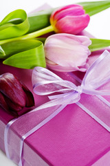 Pink tulips and gift box