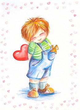 Boy with heart watercolor painted