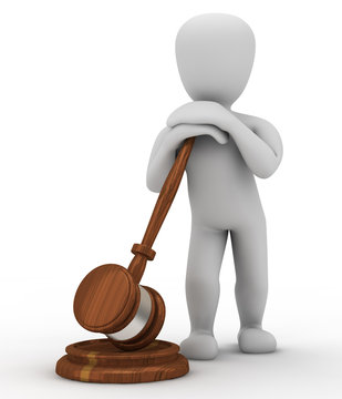 Justicia, juez con martillo de madera render 3d.