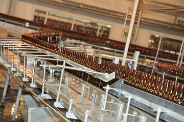Conveyer line with many beer bottles