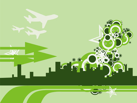 Green theme urban vector illustration with planes and arrows