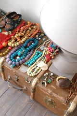 lamp, beads and old suitcase
