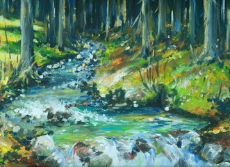 Fototapeta na wymiar Spring in forest oil painted.