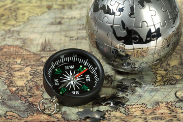 Compass on the old map