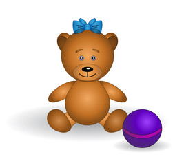 Bear-babe with a bow and a ball