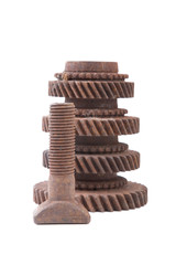 Rusty gears on a white background