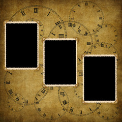 Vintage card from old paper and clock on the abstract background