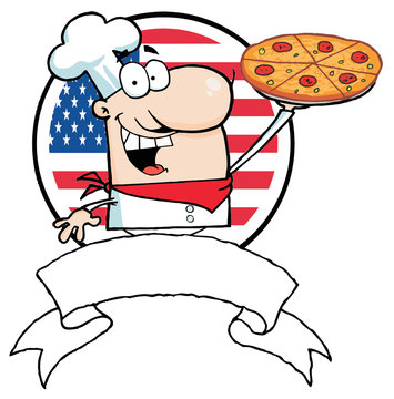 Cartoon Proud Chef Holds Up Pizza In Front Of Flag Of USA