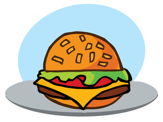 Cheeseburger with lettuce, cheese, pickles, tomatoes