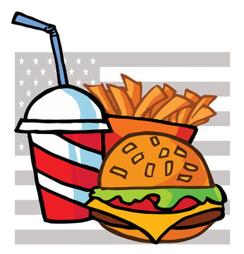Drink, French Fries And Cheeseburger With An American Flag