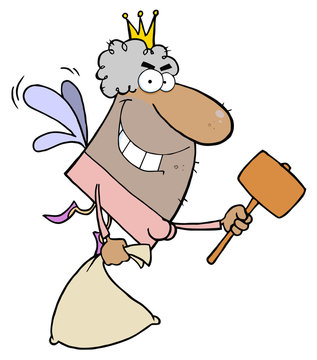 African American Tooth Fairy Flying With A Mallet And Bag