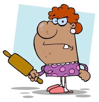 Angry African American Wife With A Rolling Pin