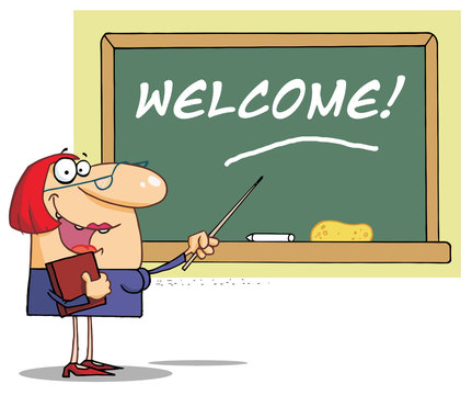 Lady School Teacher Pointing To Welcome On A Chalk Board
