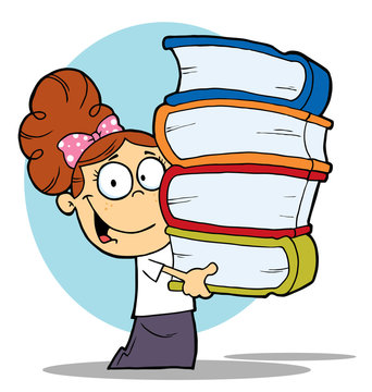 Brunette School Girl Carrying A Stack Of Books