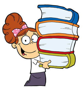 Smart Brunette School Girl Carrying A Stack Of Books