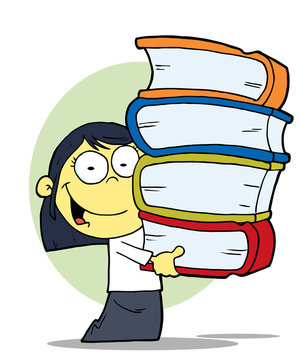 Smart Asian School Girl Carrying A Stack Of Books