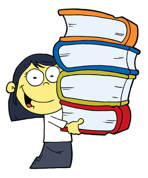 Smart Oriental School Girl Carrying A Stack Of Books