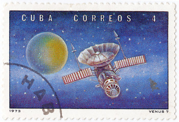 stamp printed in Cuba shows the soviet Venus station