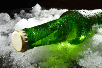 Close up view of the bottle in ice