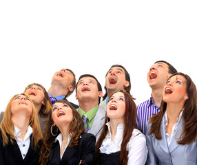 Closeup portrait of many men and women looking upwards